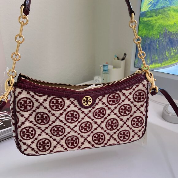 tory burch monogram chenille studio shoulder crossbody bag 86553 claret - Picture 4 of 6